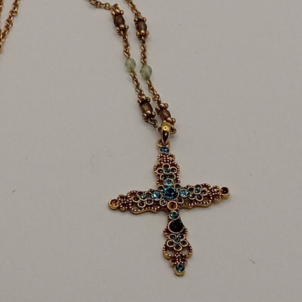 Blue Crystal Embellished CROSS Gold Tone Pendant Beaded Necklace - Picture 7 of 9